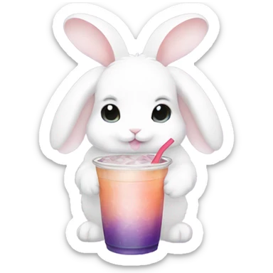 White mini lop rabbit drinking boba tea sticker