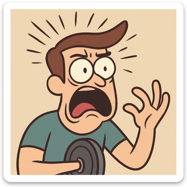 stylized head with lines or explosion effect coming from the top, subtly integrated barbell or weight plate, face showing absolute shock or disbelief sticker