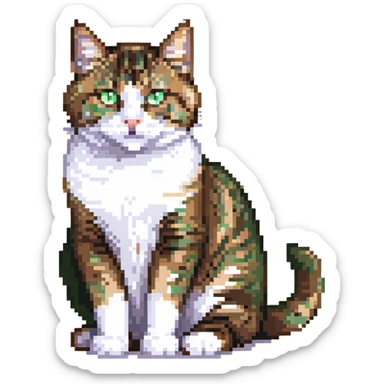 Brown, white, and black tabby cat with green eyes sitting to show its white belly, pixelated art sticker