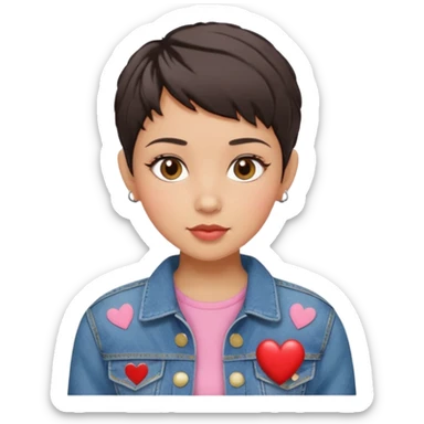 woman pixie cut dark brown hair with barrettes, hispanic, brown oval eyes, heart shaped face sticker