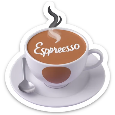 A cup of coffee with the word “Espresso” written on the foam, close-up, warm lighting, simple background sticker