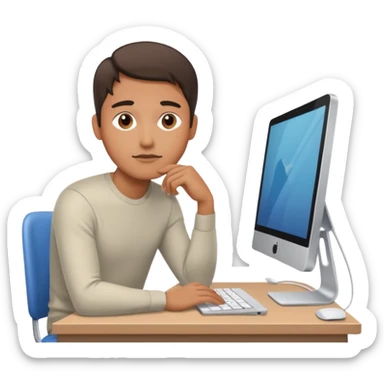 emoji of a man sitting at the table with an imac on it, a man sits in a very thoughtful pose sticker