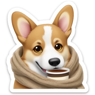 “Cozy Welsh corgi holding a coffee cup, with sleepy eyes and a warm scarf, looking perfect for a morning mood emoji sticker