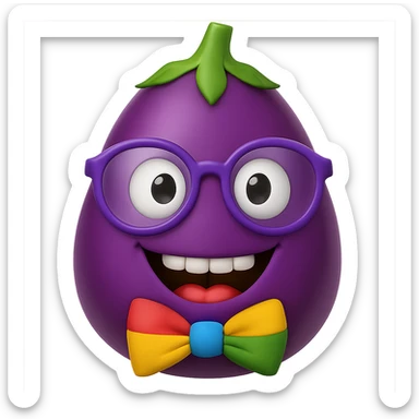 Add a colorful bow tie to the eggplant with nerdy glasses and goofy teeth, keep the background transparent. Maintain the original style and transparent background. sticker