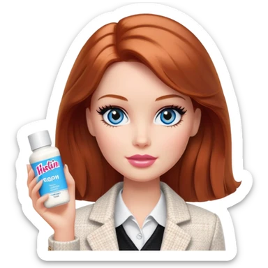 A Barbie girl with blue eyes, shoulder-length reddish-brown hair with makeup, wearing a white tweed jacket and a black skirt stands with hiskin brand cream sticker
