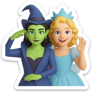 Add Glinda beside Elphaba, both in the Ozdust Ballroom scene, Glinda smiling. The style should resemble 3D emoji style with transparent background. sticker