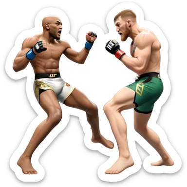 An MMA showdown between Conor McGregor and Anderson Silva in the octagon. McGregor is executing a jumping strike, while Silva skillfully deflects the attack. The background shows the UFC octagon with roaring fans and vibrant energy. Transparent background. sticker