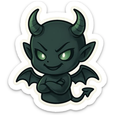 devil emoji in chibi style with gothic palette black and green, elegant horns, sinister smile sticker