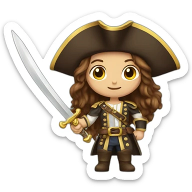 pirate king long brown hair golden eyes tan skin holding a sword woman sticker