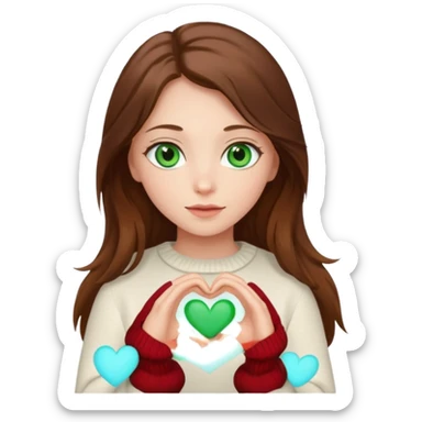 Girl green eyes brown long hair white warm sweater doing hands heart sticker