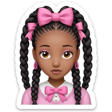 a cute black girl with long goddess braids and a cute pink bow on her head  sticker