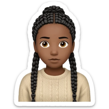 Her black skin glows warmly under the natural light, enhanced by the gentle textures of her knitted beige sweater and black hair in cornrows. her serene expression brings a quiet strength to the portrait.  sticker