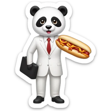 A professor with white suit and red tie and a panda face eating a hotdog and holding a black suitcase sticker