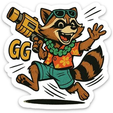 Rocket Raccoon Marvel Rivals summer skin, comic book style, with text 'GG', happy face, no background, based on provided reference sticker