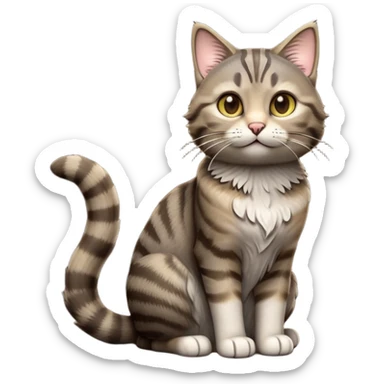 cinematic-[grey brown tabby cat]-realistic-full-body-sitting-emoji,-tail-curled-playfully-around-its-paws,-head-tilted-dramatically,-scruffy-[grey]-fur,-simplified-yet-realistic-focused-features,-highly-detailed,-glowing-with-an-almost-sarcastic-glow sticker
