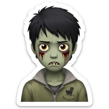 Boy, zombie, black hair, medium long,wolf cut, emo, shaggy, dark, spooky, creepy expression,sad sticker