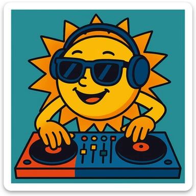 The Sun as a DJ, hands on a mixing board, big sunglasses, vibrant toon style sticker
