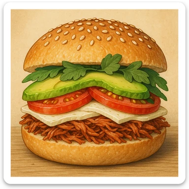 a cemita sandwich with sesame seed bun, cross-section view sticker