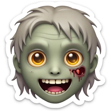 Cinematic Cute Zombie Portrait Emoji, with a delightfully quirky, slightly disheveled face in muted ashen hues, featuring quirky bright eyes and a playful, stitched-together smile, simplified yet irresistibly charming, highly detailed with a soft glowing outline that captures the adorable, offbeat spirit of a zombie who’s more cute than creepy! sticker