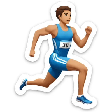 An icon symbolizing professional running: a dynamic sprinting athlete in motion on a track, leaving motion lines behind. The background features a large stadium with cheering crowds, a digital timer, and a clear blue sky. Transparent background emphasizes speed, endurance, and competition. sticker