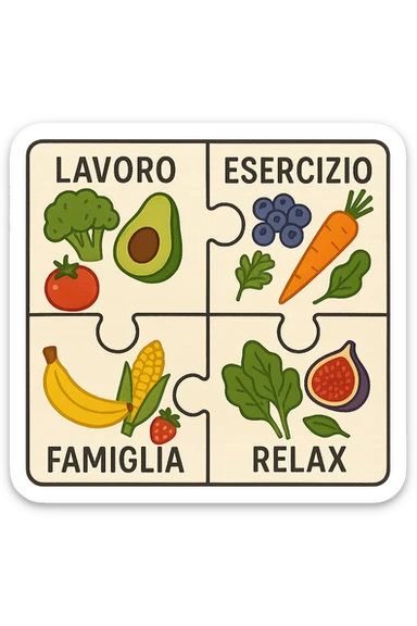 Puzzle (Lavoro, Esercizio, Famiglia, Relax), and healthy foods are integrated into each piece. in italiano sticker