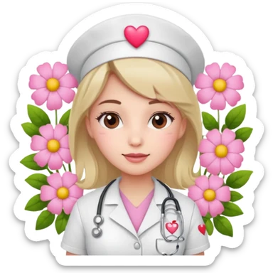 Nurse with pink heart and flowers surround her sticker