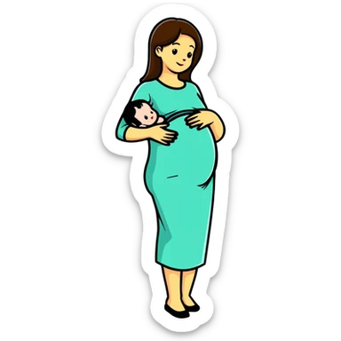 woman with small baby bump, just showing pregnancy sticker