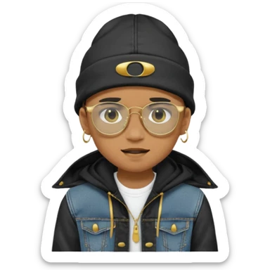 un emoji de un chico emcapuchado, con gorro kalenji, dientes de oro, com uma jaqueta denim tears preta e uns oculos da oakley sticker