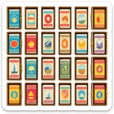 Icon for Matchbox Collecting: a collection of vintage and colorful matchboxes from different places, neatly displayed in a row or in a display case. The icon should reflect the uniqueness and diversity of matchbox collecting. Transparent background. sticker