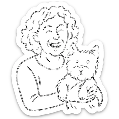 50-year-old woman with silver curly hair, laughing, holding a Westie dog, hand drawn outlined icon sticker
