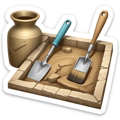 An icon showing an archaeologist’s tools: a trowel, brush, and a partially uncovered ancient artifact like a vase or tablet. The design includes a sandy excavation site with ruins in the background, symbolizing the discovery of past civilizations. Transparent background  sticker