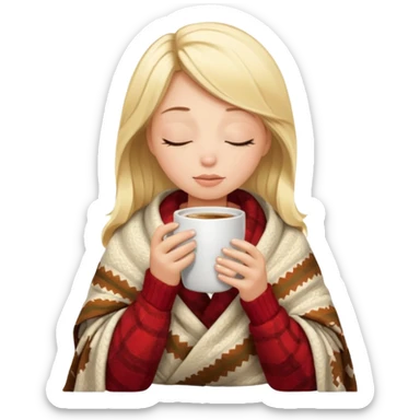 Blonde girl inside a blanket sipping coffee eyes closed sticker