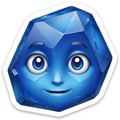 A single sapphire-blue faceted rock head, chunky and worn, with a few visible cracks and chipped facets but still shiny, big kind eyes and a confident smile sticker