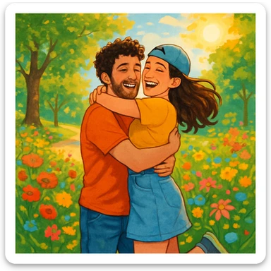 a couple hugging in a park, playful and colorful, bright and joyful atmosphere sticker