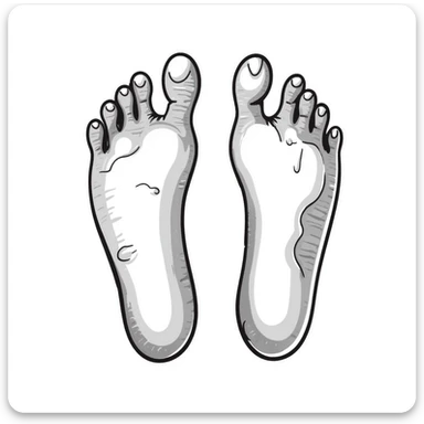 realistic drawing of two human foot soles covered with white sticky tree sap, detailed illustration sticker