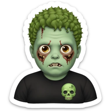 a zombie boy with brown curly hair and a fat double chin, with black t shirt sticker
