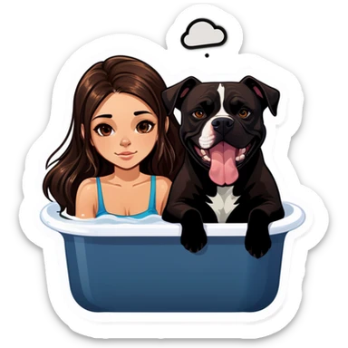 Beautiful young girl just slightly overweight with long dark choppy hair cascading over her shoulders holding her black iPhone with her medium brown dog with an under bath. It looks like a pitbull laying beside her. sticker