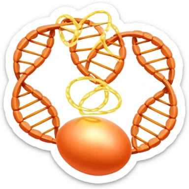 Golden egg, bright salmon, chicken, and tofu floating around a glowing DNA strand. Golden muscle fibers extend from the foods, showing how complete proteins build and repair the body. The entire scene has a magical glow representing essential amino acids. sticker