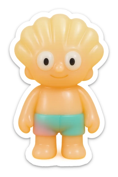 贝壳, retro 90's toy style, very transparent and slightly see-through, natural tan skin, blonde hair, colorful shorts, large white eyeballs with small black pupils, soft plastic texture, soft reflections, soft and squishy, some cloudiness, not shiny, highly detailed, appealing, no tag, no background sticker