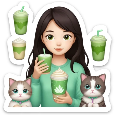 asian girl with shoart dark brown hair with a soft girl glowup aesthetic. matcha latte sparkles girly things, 2 ragdoll cats, skincare, makeup sticker