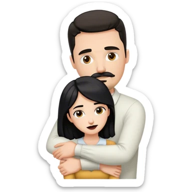 Tall white man with dark brown mustache and goatee hugging a short pale woman with long black hair sticker
