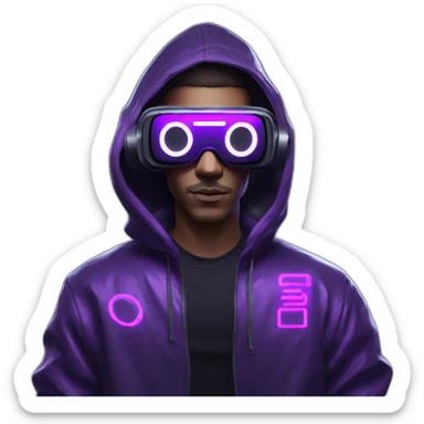 Cyberpunk style. Violet neon. Man with white-light skin in the black hoody with violet OMG VR logo on it wearing vr headset oculus quest 2 sticker