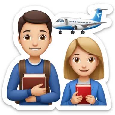 Create two emoji characters.

Left: a stressed student preparing for IELTS, holding books and coffee, tired face, exam stress.

Right: a happy confident student after IELTS, traveling abroad, airplane, university, freedom, smiling.

Style: Apple emoji, clean, simple, white background. sticker