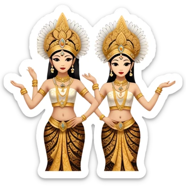 ​Cinematic Realistic Traditional Javanese Dancers, depicted as two graceful dancers in ornate traditional costumes with intricate batik patterns and elaborate headpieces, captured in dynamic poses during a ritual dance in an ancient temple courtyard, rendered with soft golden lighting and rich cultural textures, sticker