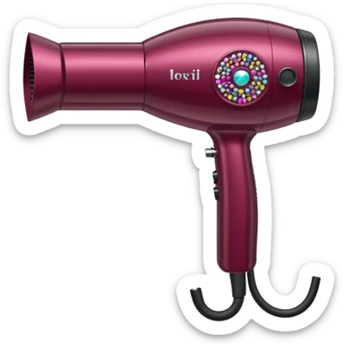 burgundy blow dryer with a ribbon covered in gems sticker