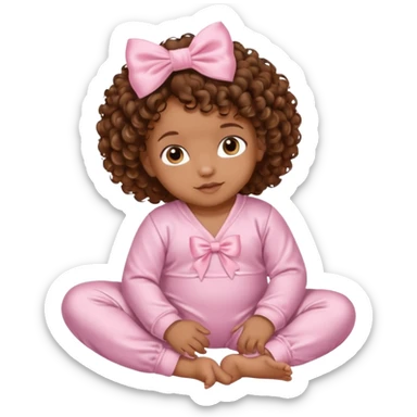 Brown skin 6 month old baby with brown curly hair down laying down with satin baby pink onesie and white bow sticker