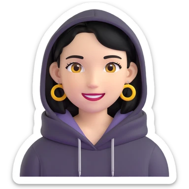 person with military cut black hair, brown eyes, wearing 2 circle earrings and a black hoodie with a smiley face sticker