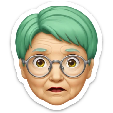 green haired grandma with wrinkles and glassess, surprised sticker