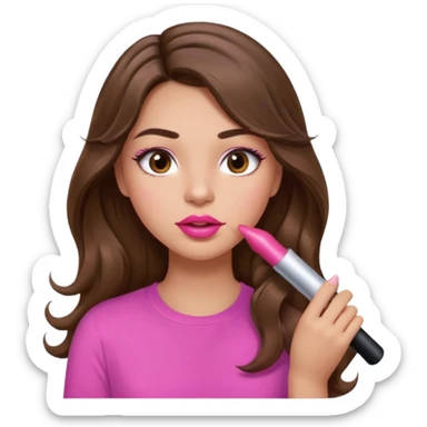 girl with long wavy brown hair, brown eyes, light to medium complexion, in a pink shirt, pink lips, long lashes, puckered lips, putting on lipstick sticker
