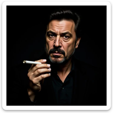 realistic portrait of a man inspired by Robert De Niro in Goodfellas, holding a cigarette, moody lighting, intense gaze sticker